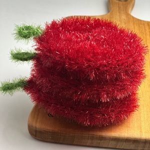 Dish Scrubber 3Pc Set - Scrubbie Scrubby Scrub Handmade Sponge Red Apple Gift